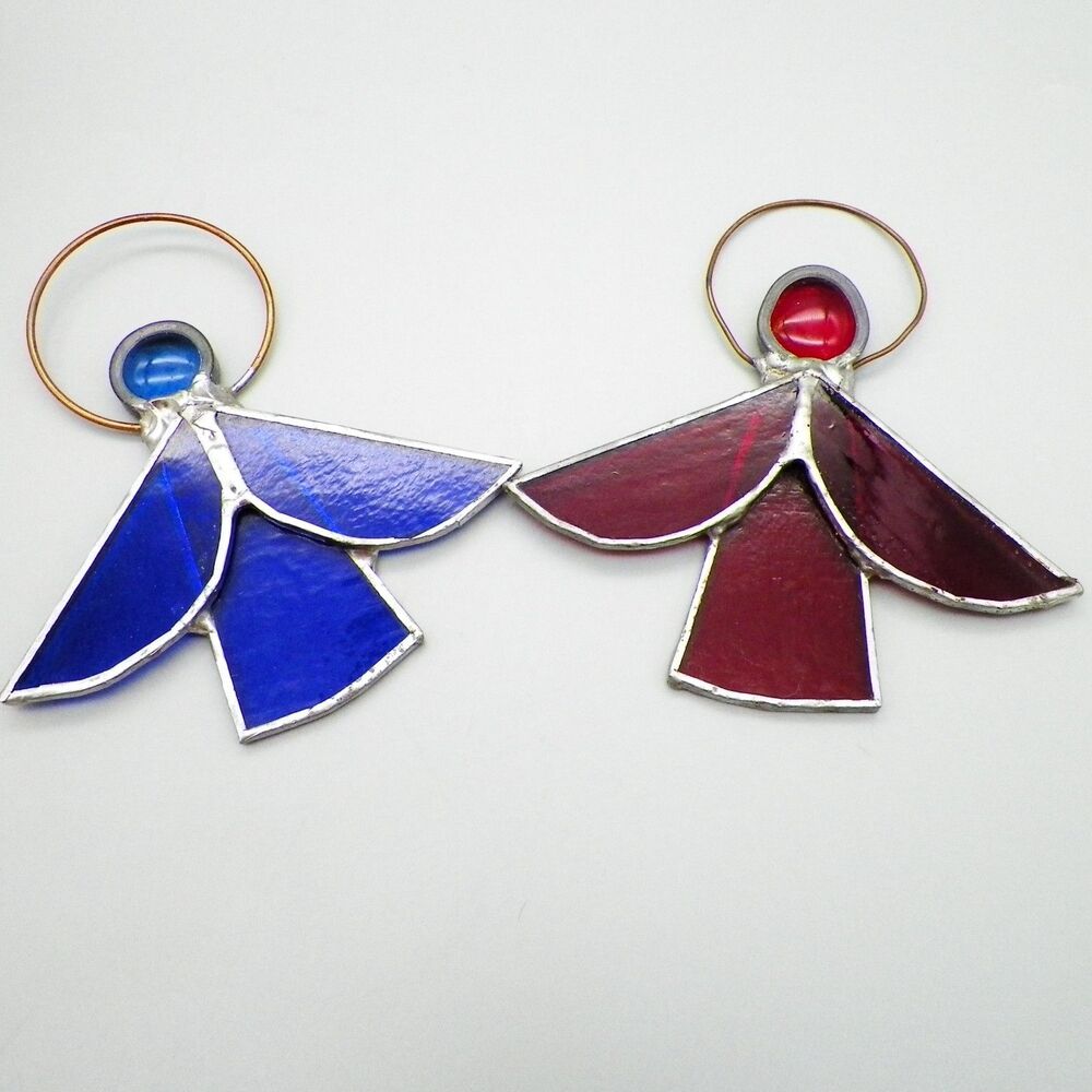 Vintage Handmade pair of Angels Stained Glass Window Ornament Suncatcher